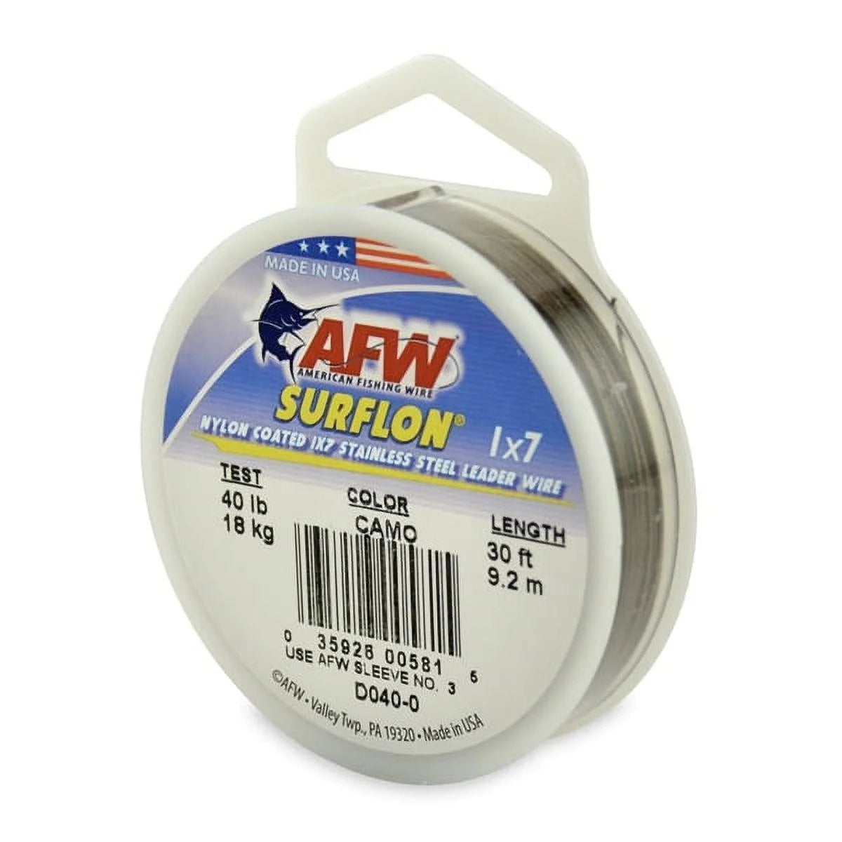 AFW Surflon Nylon Coated Wire 30ft Camo 40lb .024 Dia D040-0