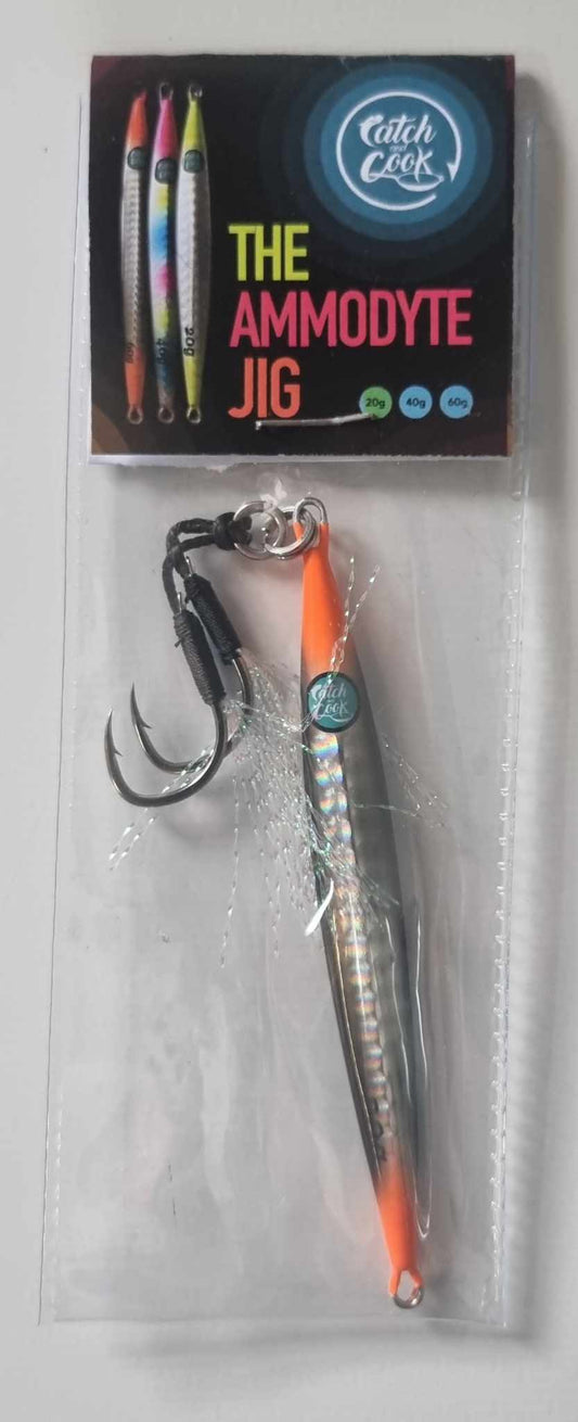 The Ammodyte Jig 20g Orange/Black Silver - with twin assist hooks