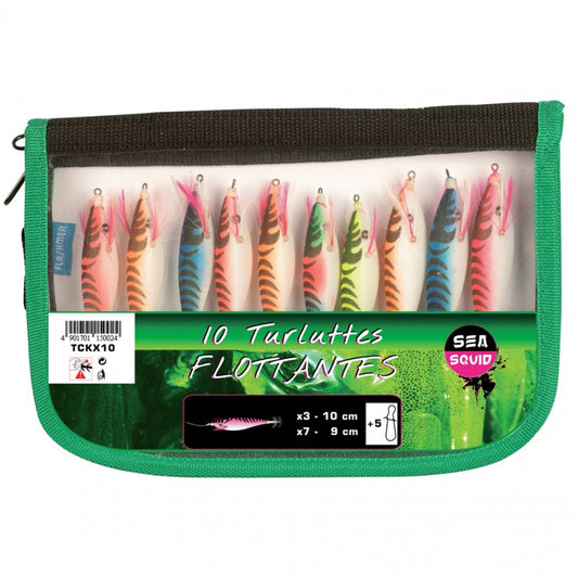 Sea Squid 10 Assorted Floating Squid Jigs in carry case